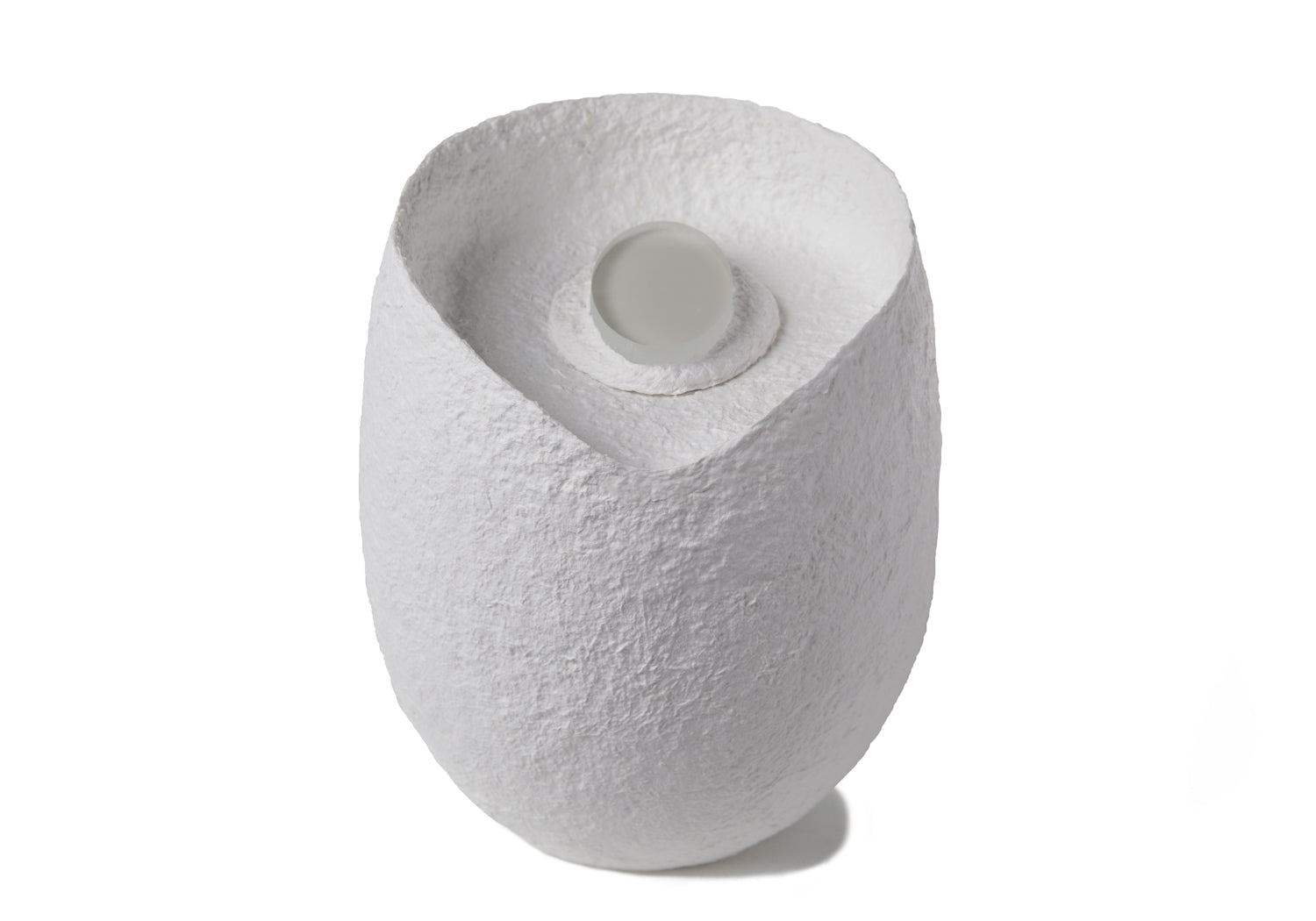 Picture of an ovoid biodegradable cremation urn made of white cotton fibre on sale at Muses Design Urns. Front view.