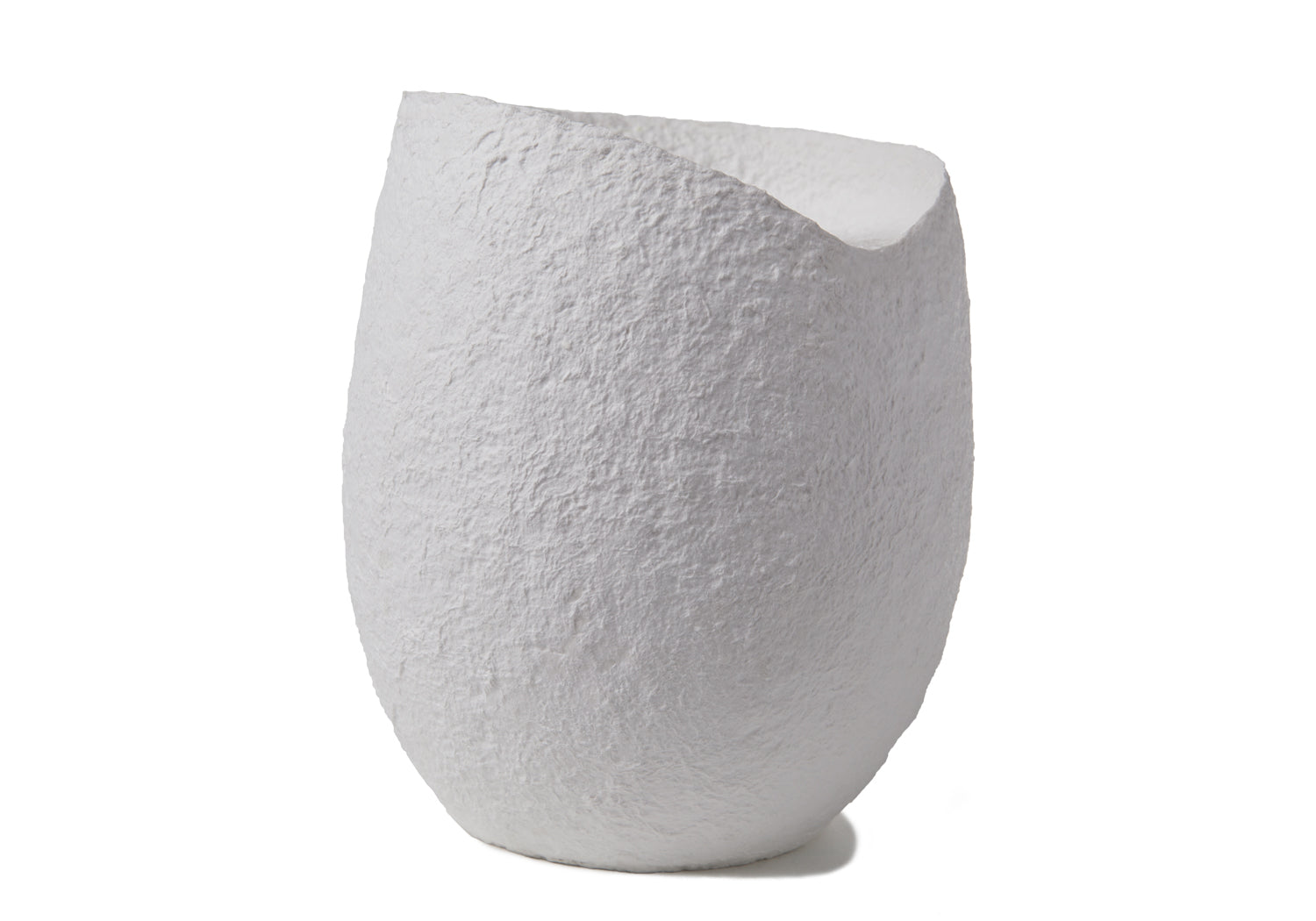 Picture of an ovoid biodegradable cremation urn made of white cotton fibre on sale at Muses Design Urns. Right side view.