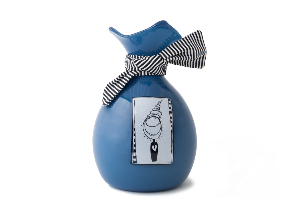 Picture of a deep blue blown glass handkerchief wrapped ball cremation urn for children on sale at Muses Design Urns. Front view.